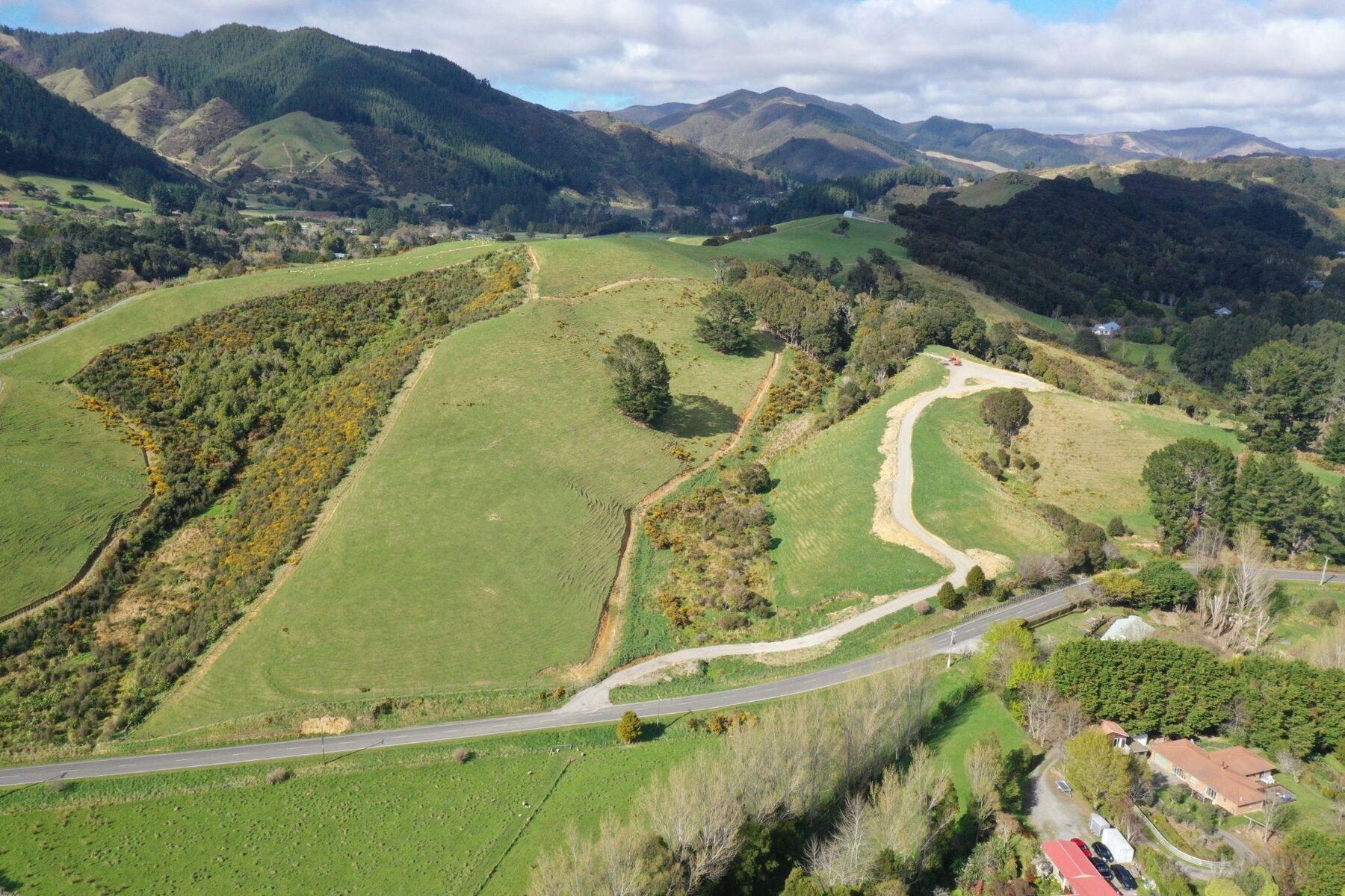 Aerial view over Katherine Mansfield Drive, with fenced and planted hillsides regenerating beside the road