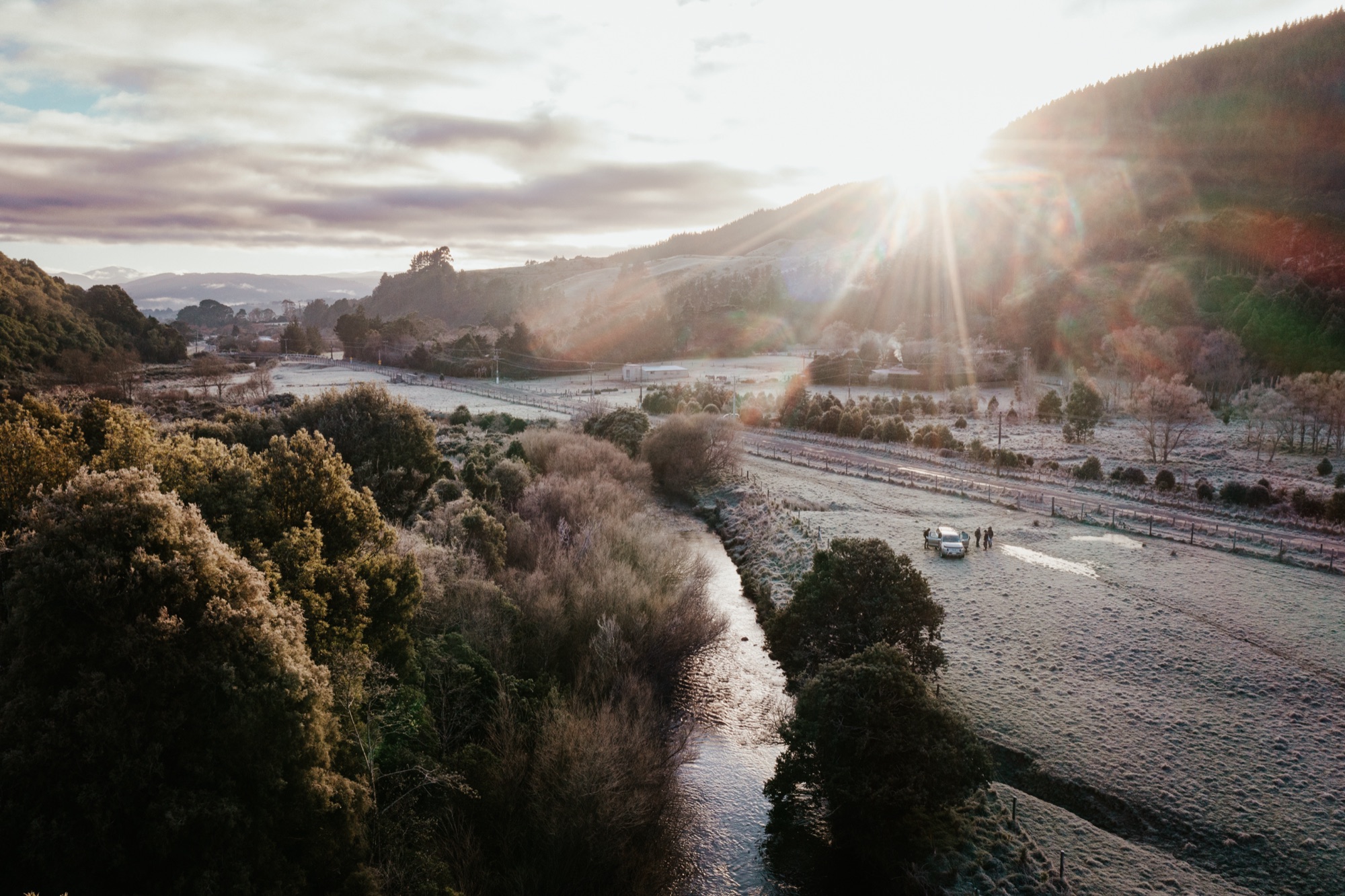 Frosty winter sunrise over the Mangaroa River and valley