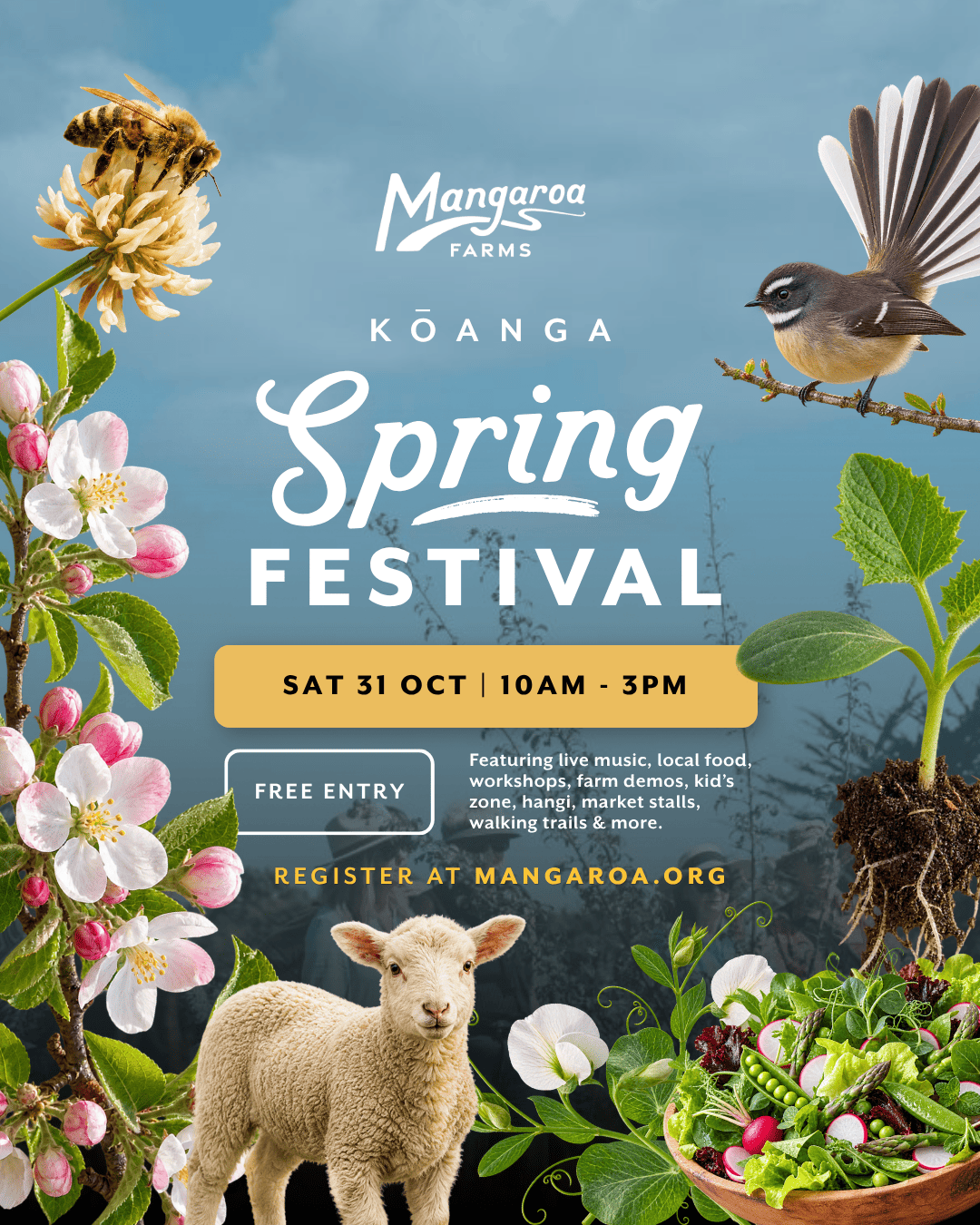 Kōanga Spring Festival poster — Sat 31 Oct, 10am-3pm, free entry at Mangaroa Farms