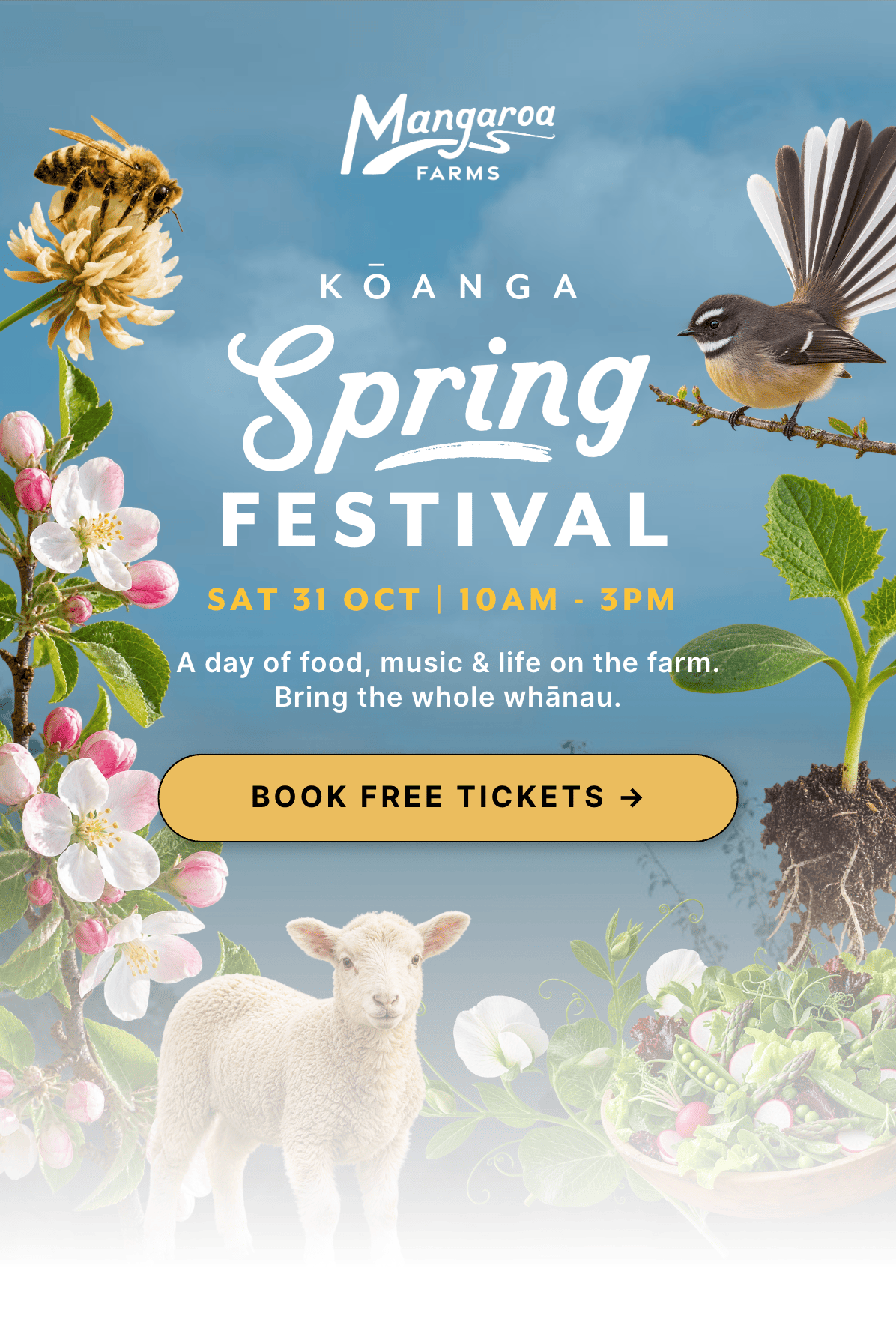 Kōanga Spring Festival poster — Sat 31 Oct, 10am-3pm, book free tickets